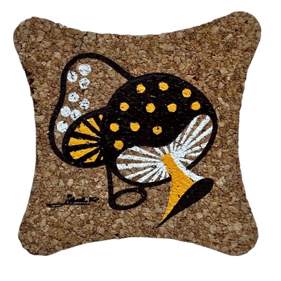 Signed Hand-Painted Cork Drink Coasters Set Of 8 With 70s Mushroom Design - Picture 2 of 5